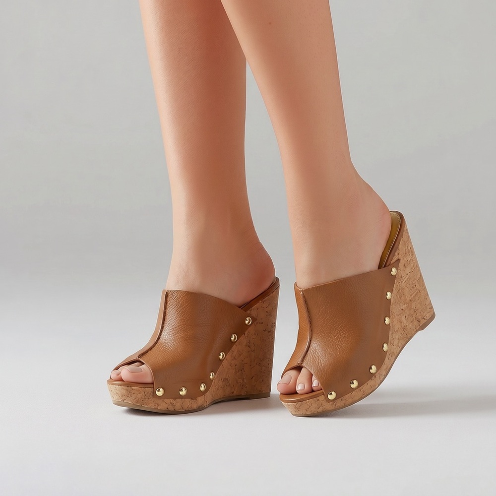 ✨ Michael Kors Leather Studded Cork Wedge Sandals | Women’s 7.5M